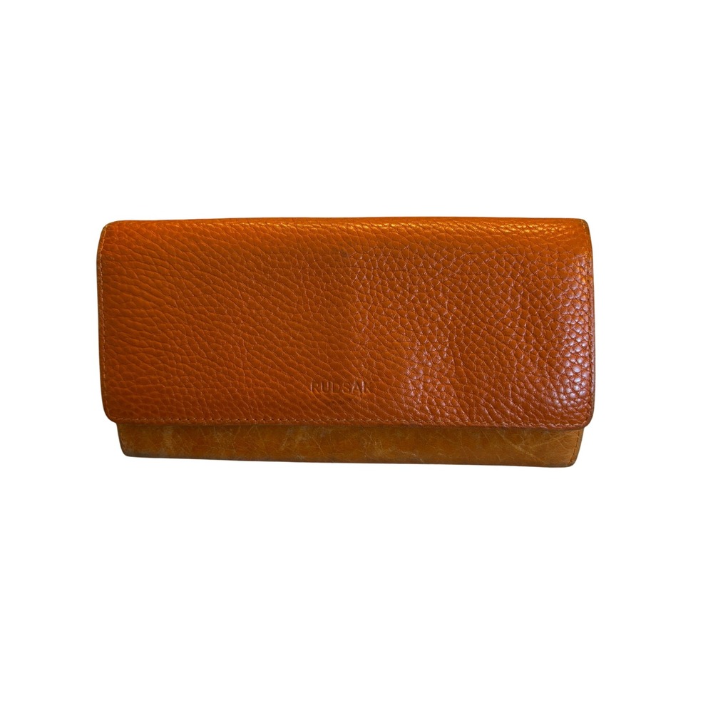 Rudsak Orange Leather Trifold Wallet Pebbled Metallic Interior Organizer